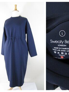 Sweaty Betty London Solid Navy Blue Grace Long Sleeve Midi Sheath Dress L